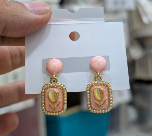 Pink Crop Reco Korean Earrings - SSJK0005