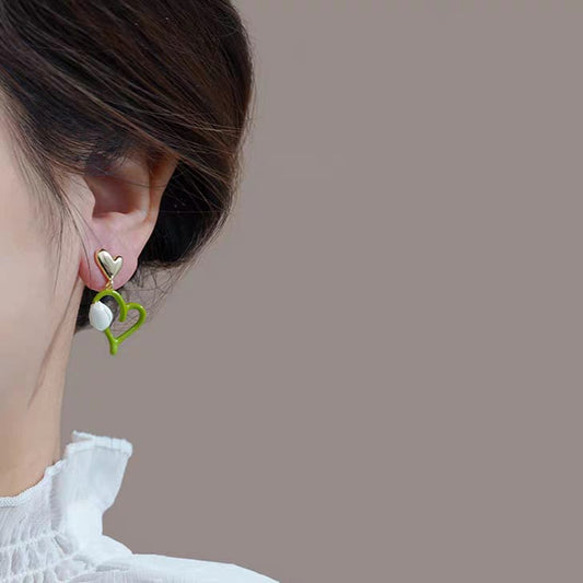 Double Heart Green Korean Earrings - SSJK0012