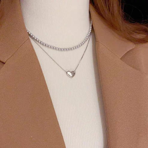 Double Layer Heart Pearl Pendent Necklace