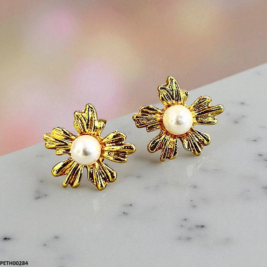 Golden Pearl Flower Tops Earrings - PETH00284 SDQ