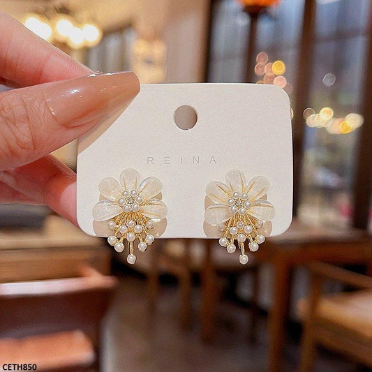 Korean Pearl Beige Flower Tops Pair - CETH850 HJF