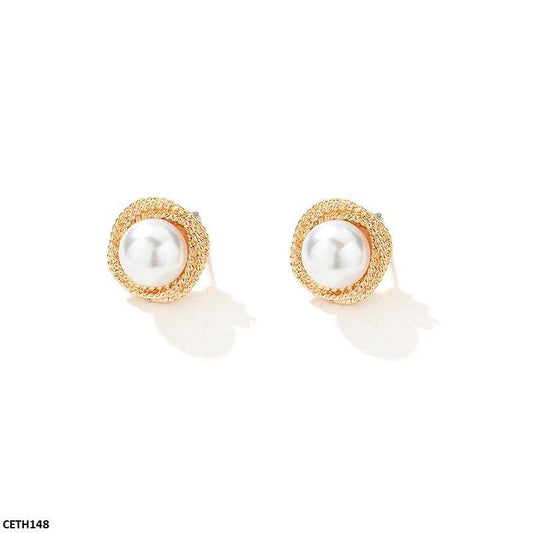 Golden Round Pearl Earrings/Tops Pair - CETH148 SDQ