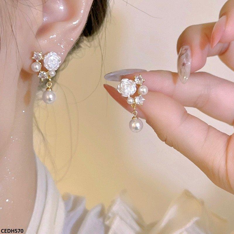 Rose Flower Pearl Drop Earrings - CEDH570 HJF