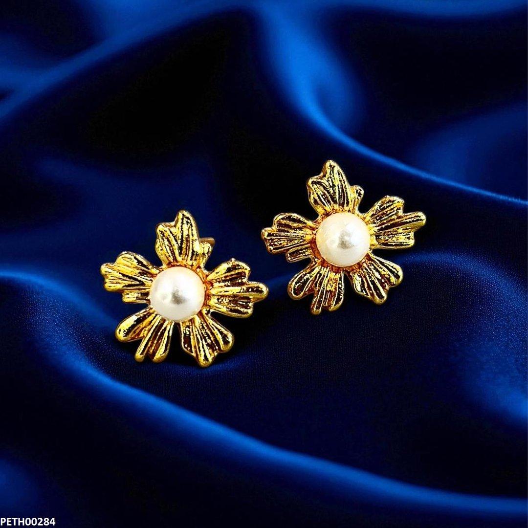 Golden Pearl Flower Tops Earrings - PETH00284 SDQ