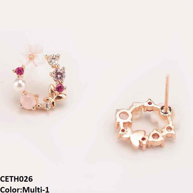 Crystal Flower Round Stud Earrings Pair - CETH026 SDQ