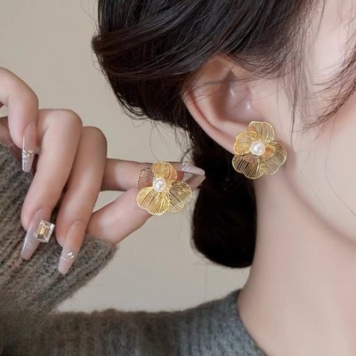 Golden Foil Pearl Korean Earrings - CETH01040