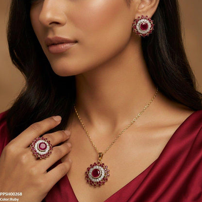 Ruby Round Stone Flower Pendant Set - PPSH00268 SDQ