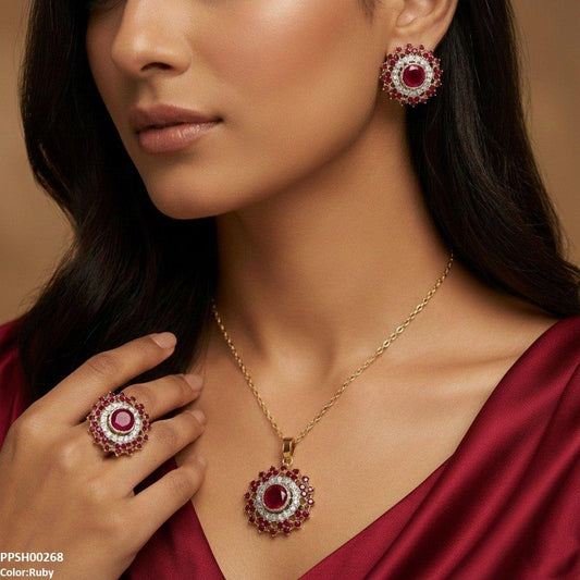 Ruby Round Stone Flower Pendant Set - PPSH00268 SDQ