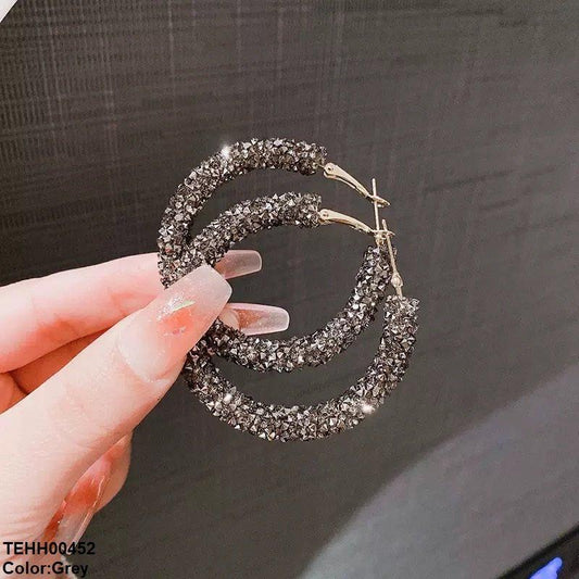 Black Round Stones Earrings Hoops Pair - TEHH00452 ZHL