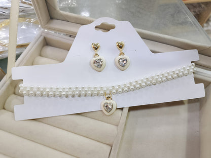 Pearl Heart Korean Necklace and Earrings Set - SSJK040