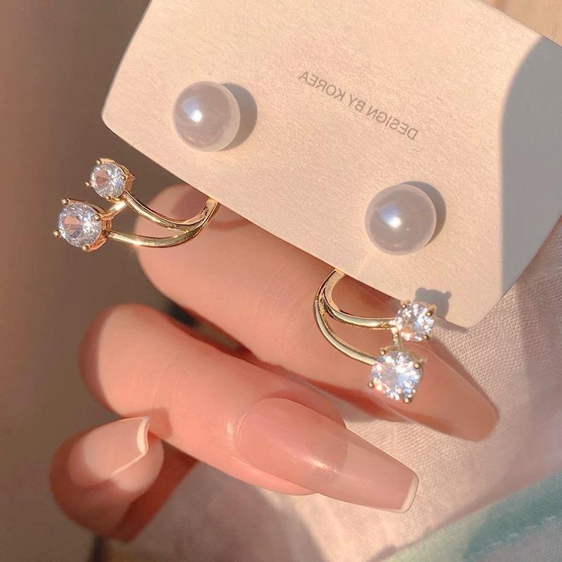 Double Crystal Pearl Earrings Tops - SSJK0004