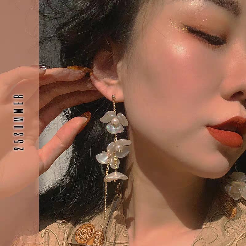 Long Drop Flower Korean Earrings - SSJK0011