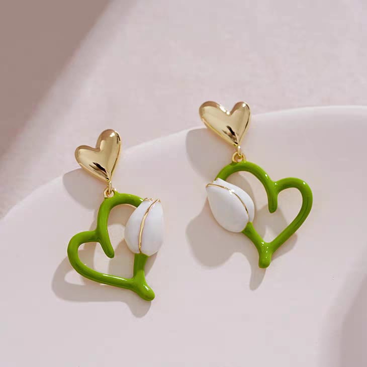 Double Heart Green Korean Earrings - SSJK0012