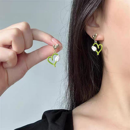 Double Heart Green Korean Earrings - SSJK0012