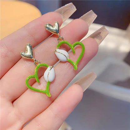 Double Heart Green Korean Earrings - SSJK0012