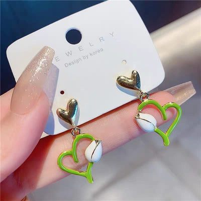Double Heart Green Korean Earrings - SSJK0012