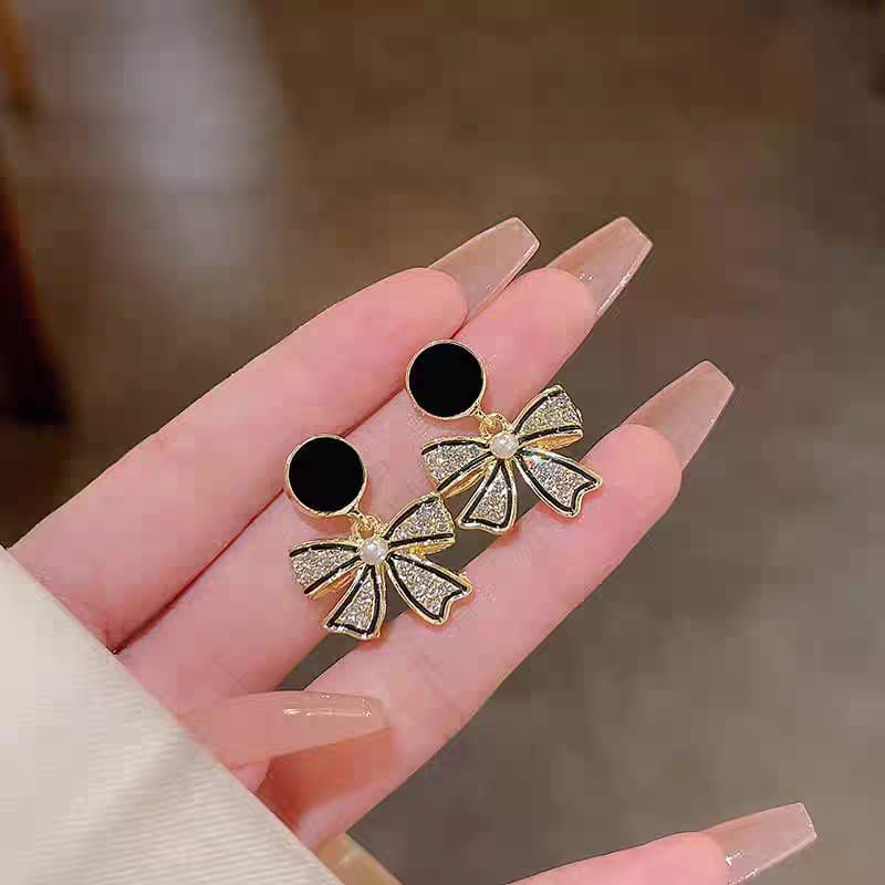 Black Golden Bow Earrings - SSJK0017