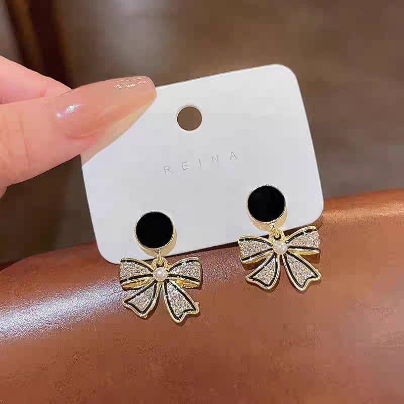 Black Golden Bow Earrings - SSJK0017