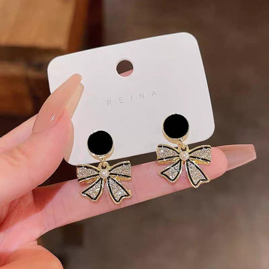 Black Golden Bow Earrings - SSJK0017