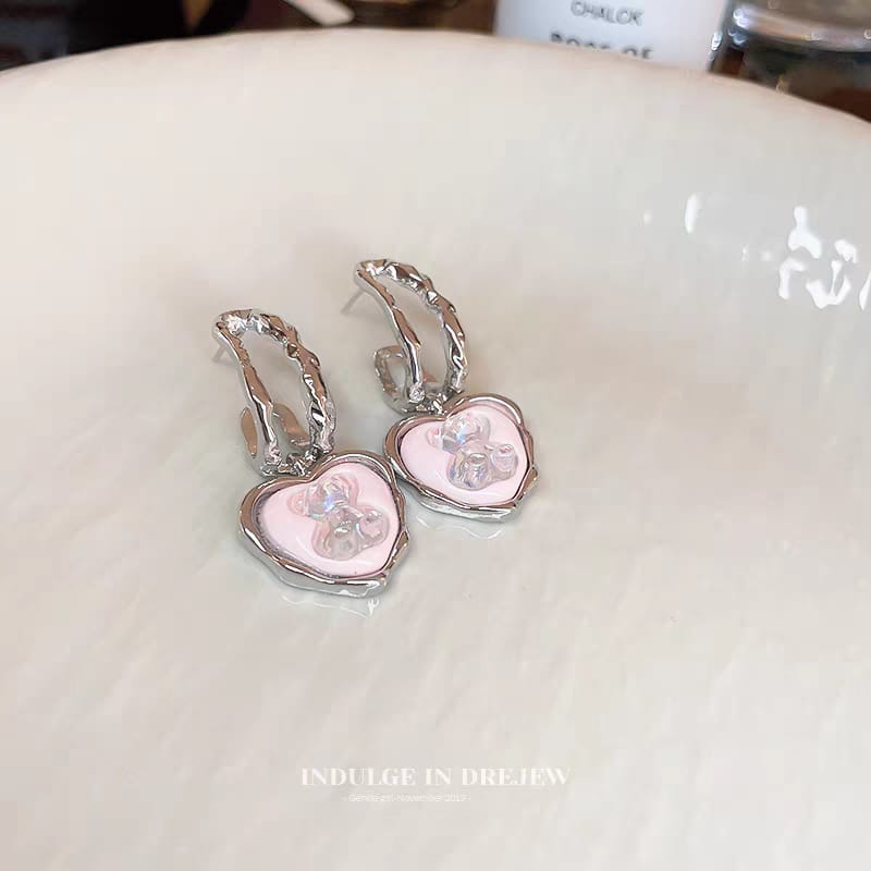 French Heart Teddy Bear Earrings - SSJK0022