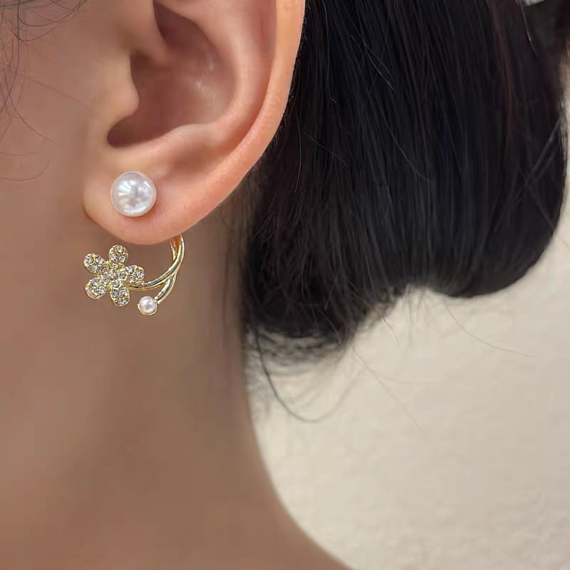 Double Pearl Flower Korean Earrings - SSJK023