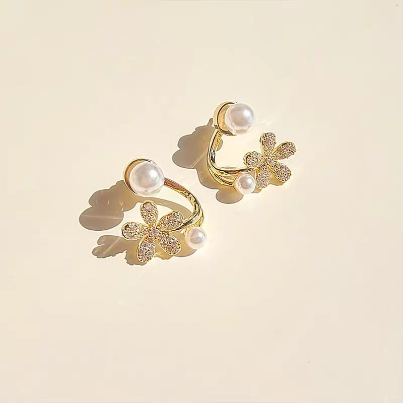 Double Pearl Flower Korean Earrings - SSJK023