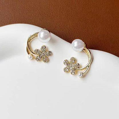 Double Pearl Flower Korean Earrings - SSJK023