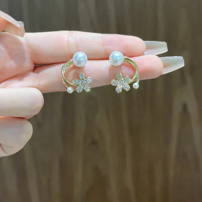 Double Pearl Flower Korean Earrings - SSJK023
