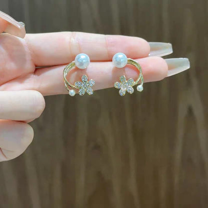 Double Pearl Flower Korean Earrings - SSJK023