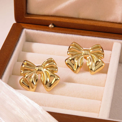 Golden Bow Ridged Korean Earrings - SSJK0071
