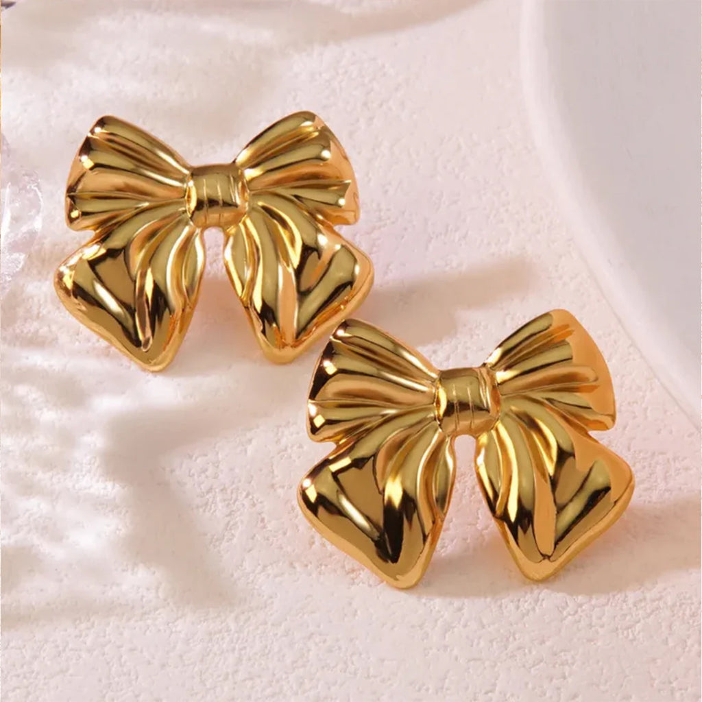Golden Bow Ridged Korean Earrings - SSJK0071