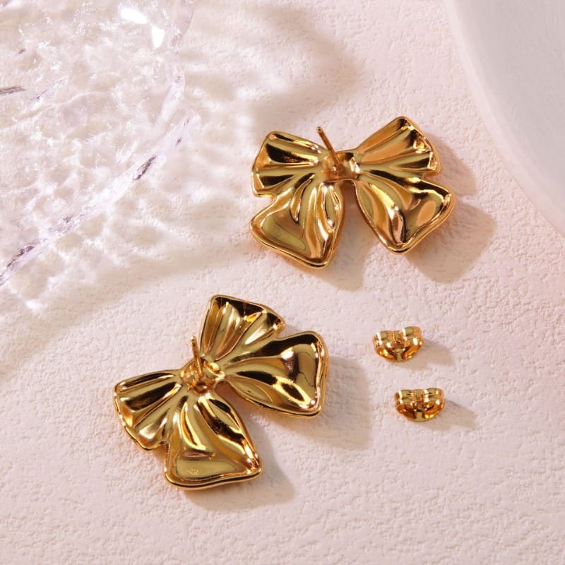 Golden Bow Ridged Korean Earrings - SSJK0071