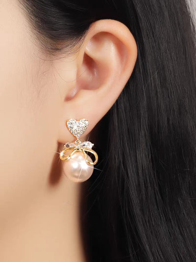 Heart Pearl Drop Korean Earrings - SSJK0076