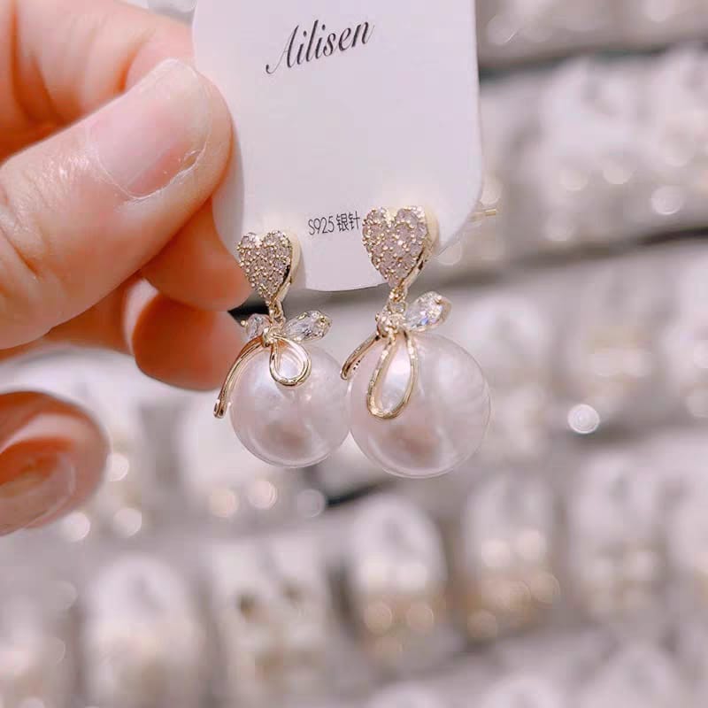 Heart Pearl Drop Korean Earrings - SSJK0076