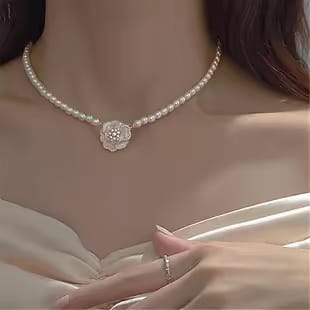 Korean Pearl White Flower Necklace - SSJK0057