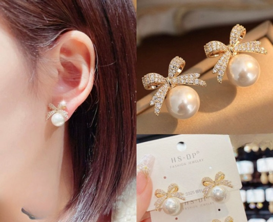 Bow Sparkle Diamond Pearl Stud Earrings - CETH165 SYB