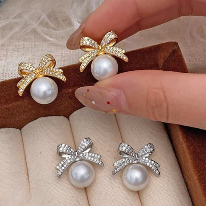 Bow Sparkle Diamond Pearl Stud Earrings - CETH165 SYB
