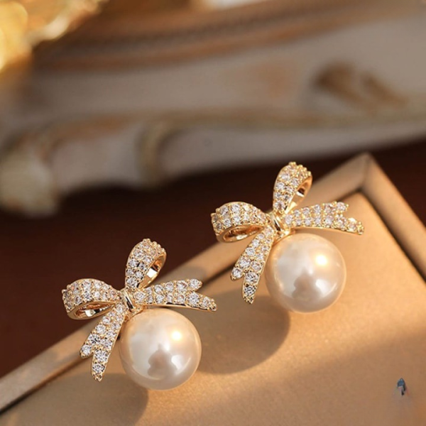 Bow Sparkle Diamond Pearl Stud Earrings - CETH165 SYB