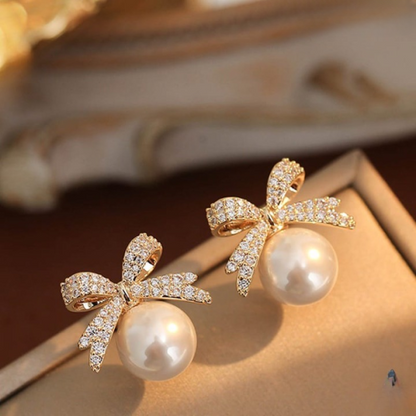 Bow Sparkle Diamond Pearl Stud Earrings - CETH165 SYB