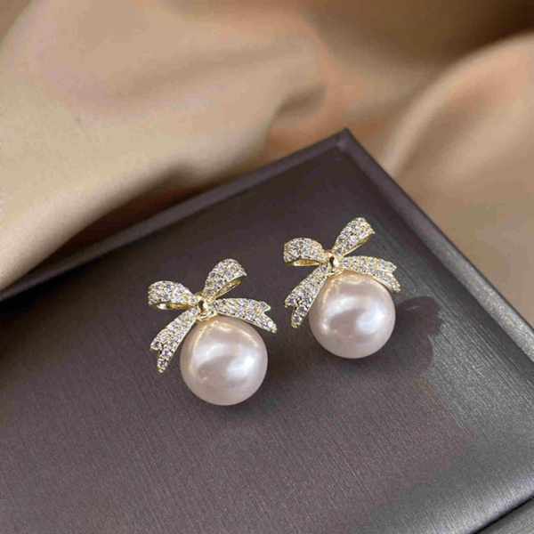 Bow Sparkle Diamond Pearl Stud Earrings - CETH165 SYB