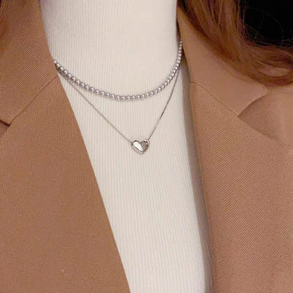 Double Layer Heart Pearl Pendent Necklace