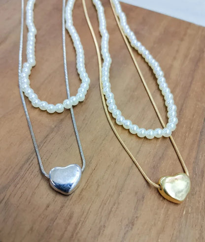 Double Layer Heart Pearl Pendent Necklace