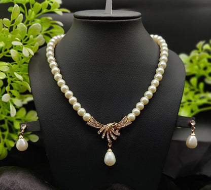 Imported Pearl Necklace Set With Radiant Pendant & Earrings