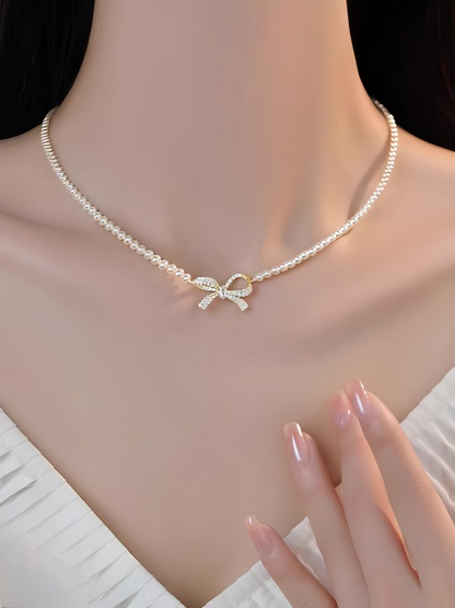Bow Shape Pearl Pendant Necklace