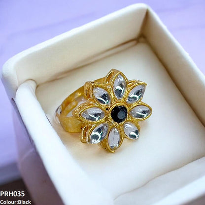Black Crystal Flower Ring Adjustable - PRH035 FRN