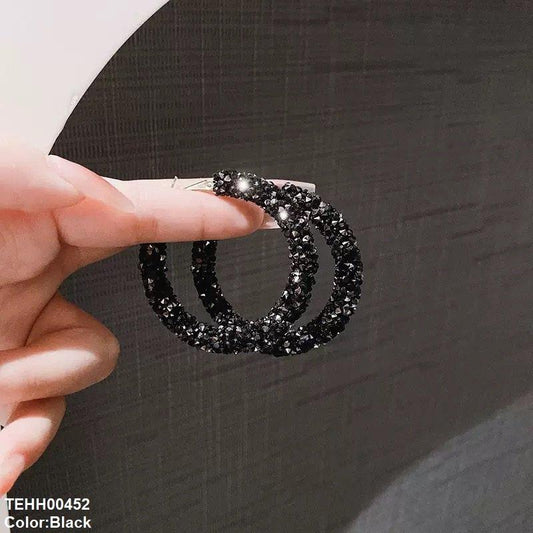 Black Round Stones Earrings Hoops Pair - TEHH00452 ZHL