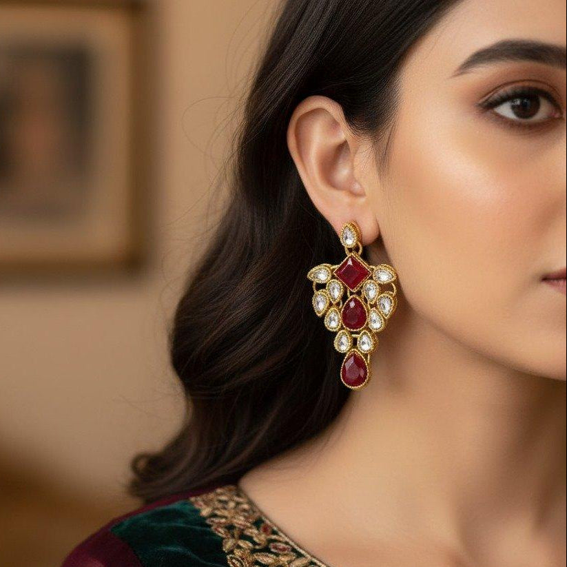 Golden Ruby Tear Drop Earrings - PEDH00139 FRN