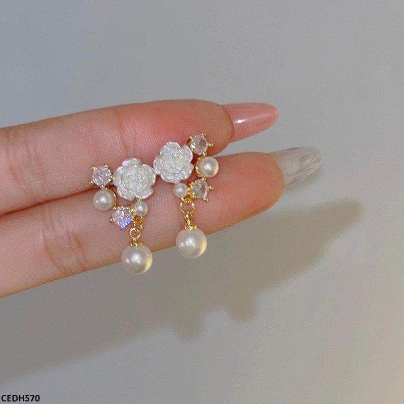Rose Flower Pearl Drop Earrings - CEDH570 HJF
