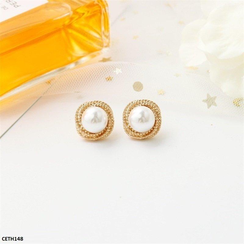 Golden Round Pearl Earrings/Tops Pair - CETH148 SDQ