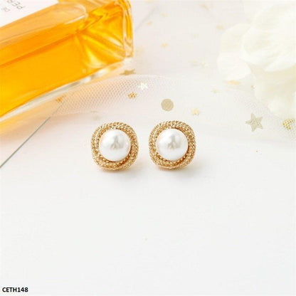 Golden Round Pearl Earrings/Tops Pair - CETH148 SDQ